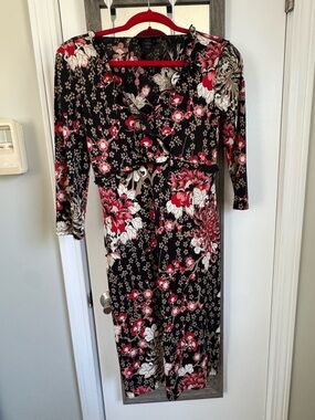 BCBGMaxAzria Black Floral Wrap Dress with Red and Cream Accents